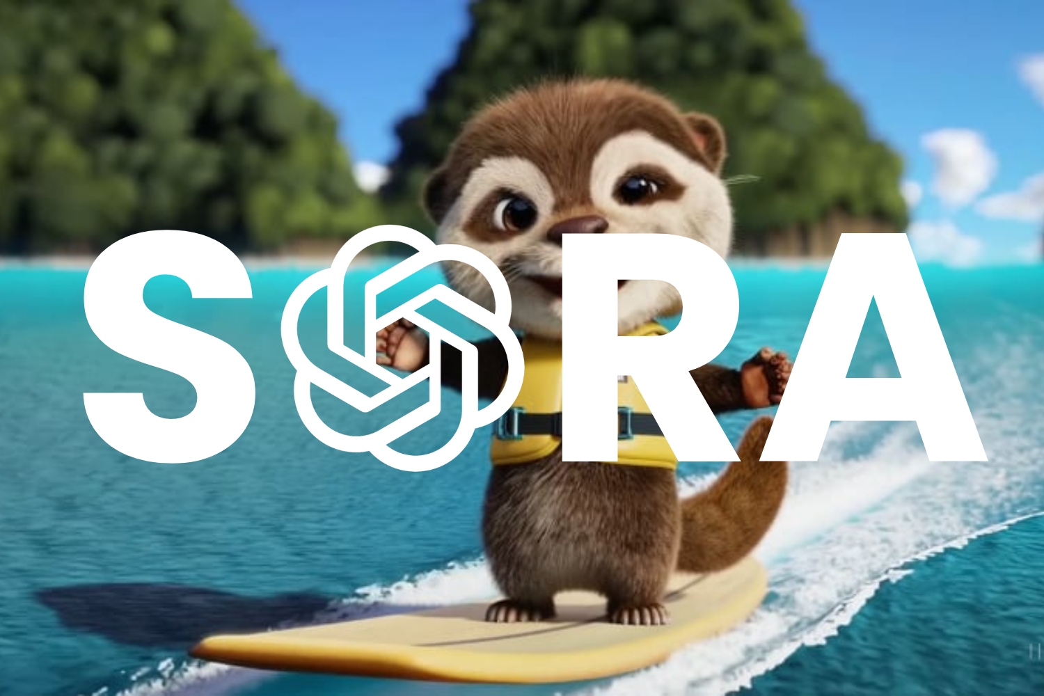 Screenshot of a video created by OpenAI Sora of an otter surfing